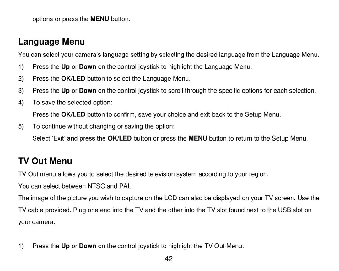 Vivitar DVR 920HD user manual Language Menu, TV Out Menu 