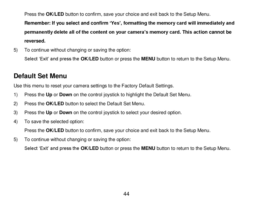 Vivitar DVR 920HD user manual Default Set Menu 