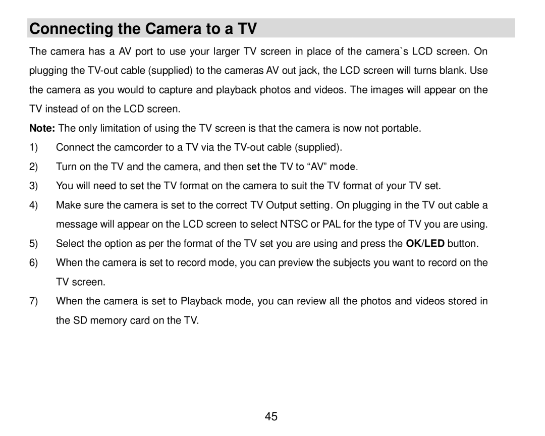 Vivitar DVR 920HD user manual Connecting the Camera to a TV 