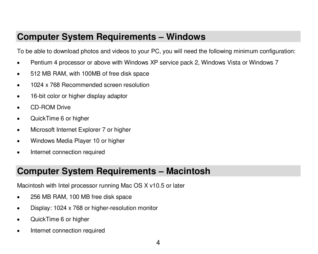 Vivitar DVR 920HD user manual Computer System Requirements Windows, Computer System Requirements Macintosh 