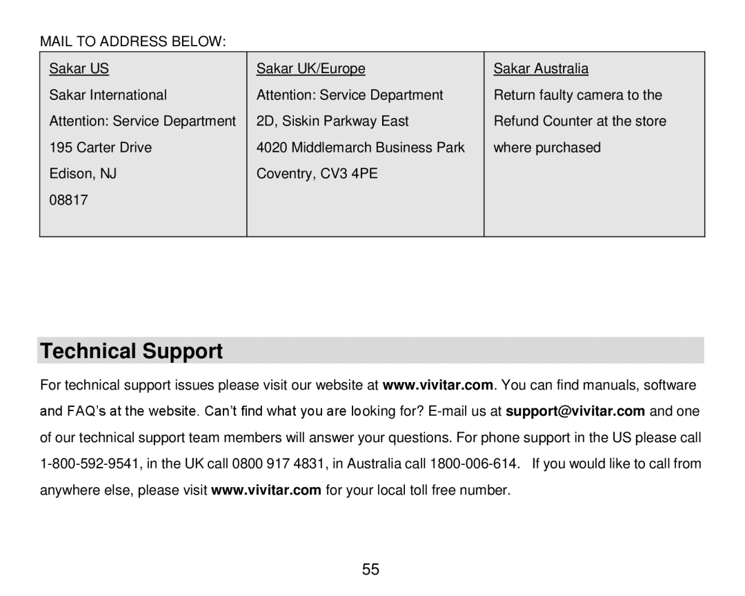 Vivitar DVR 920HD user manual Technical Support, Mail to Address below 