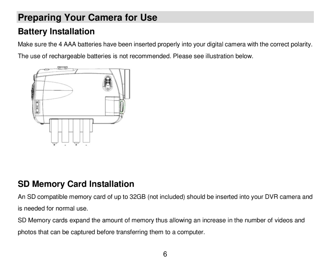 Vivitar DVR 920HD user manual Preparing Your Camera for Use, Battery Installation, SD Memory Card Installation 