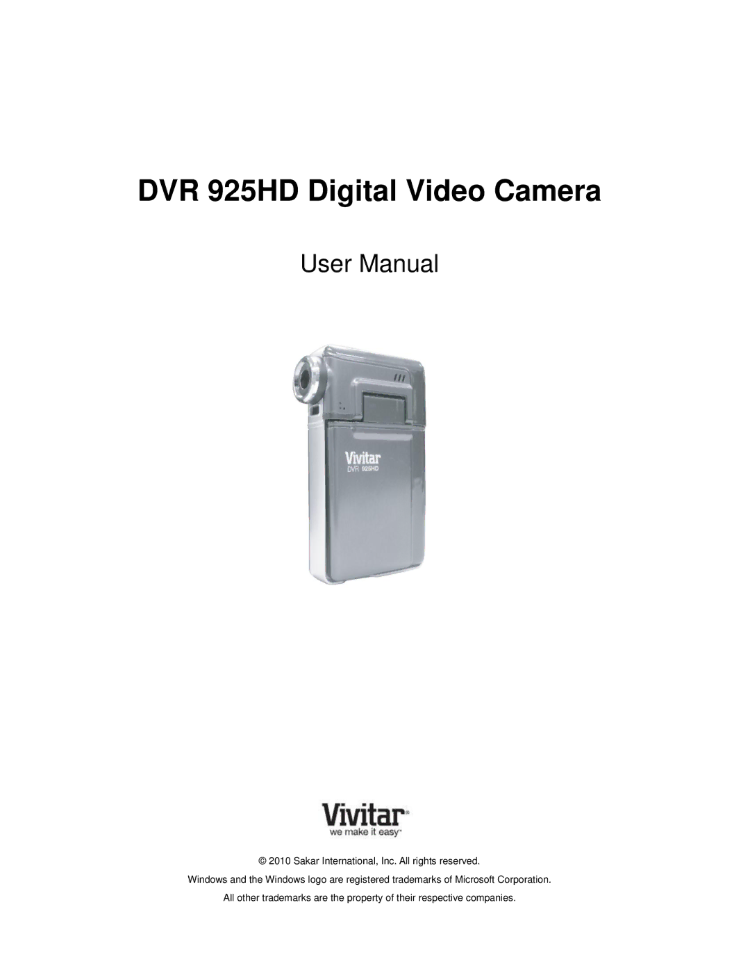 Vivitar user manual DVR 925HD Digital Video Camera 