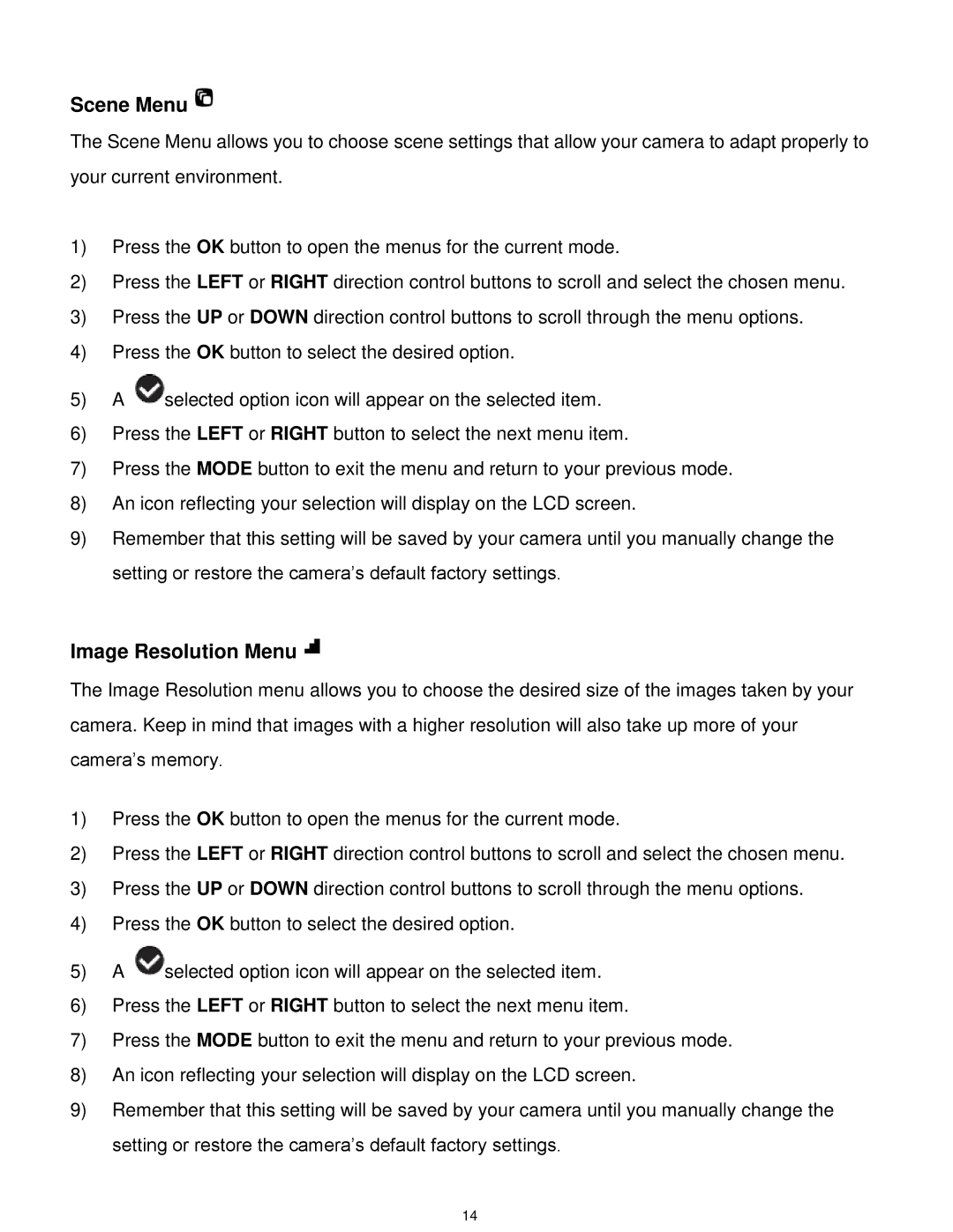 Vivitar DVR 925HD user manual Scene Menu, Image Resolution Menu 