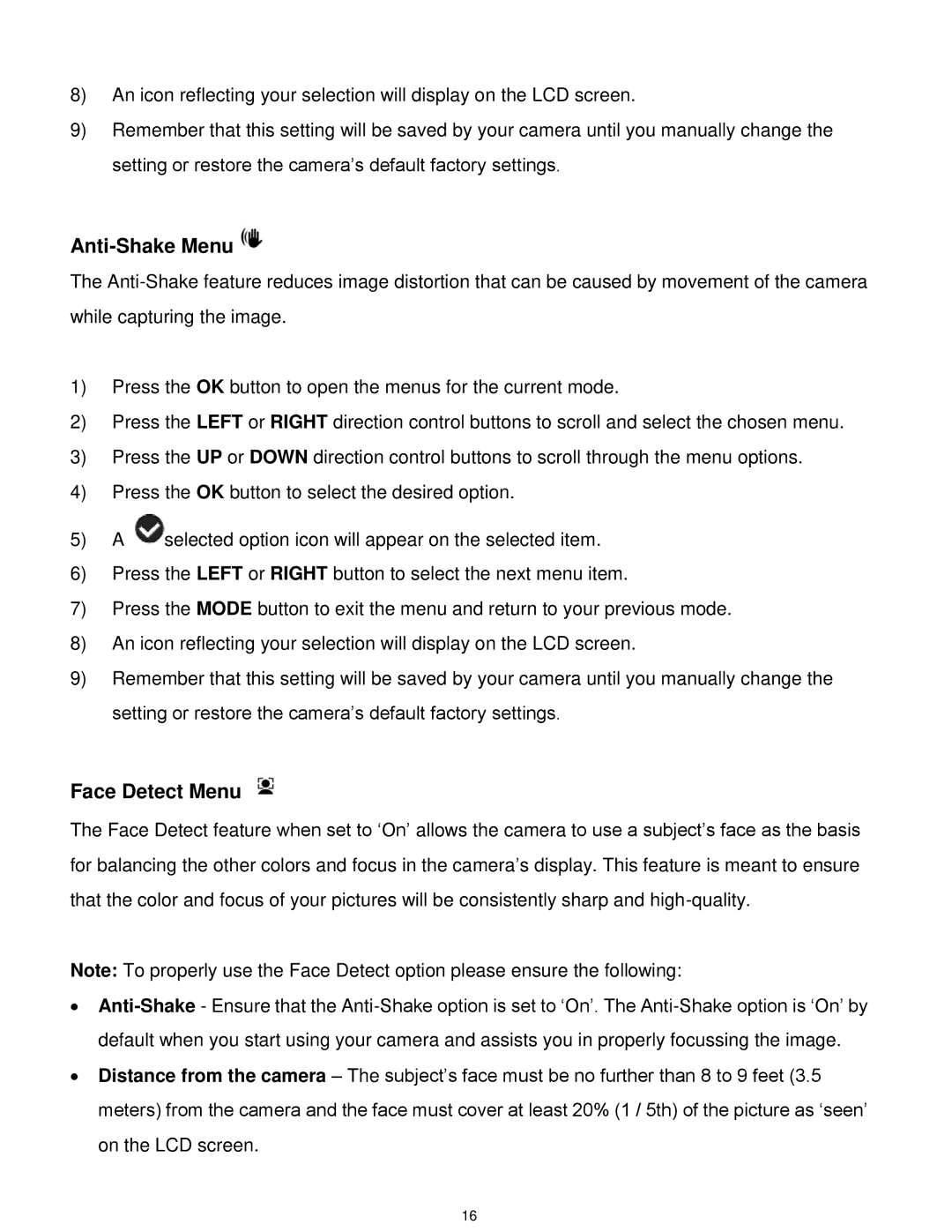 Vivitar DVR 925HD user manual Anti-Shake Menu, Face Detect Menu 