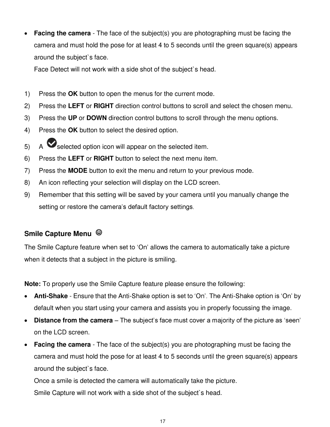 Vivitar DVR 925HD user manual Smile Capture Menu 