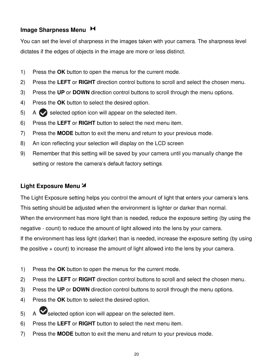 Vivitar DVR 925HD user manual Image Sharpness Menu, Light Exposure Menu 