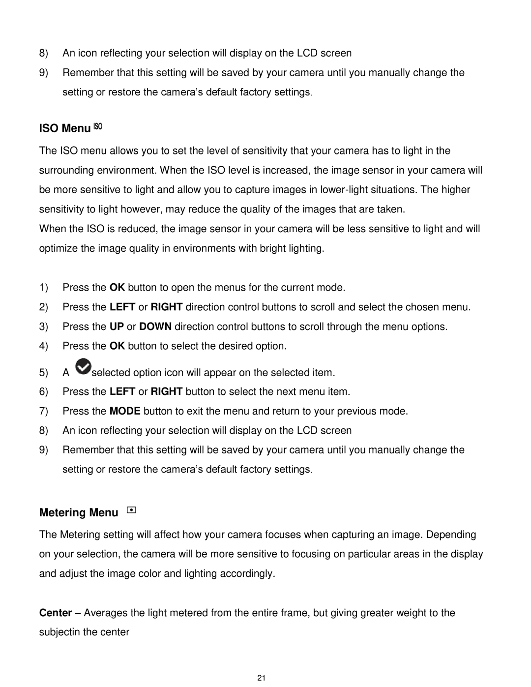 Vivitar DVR 925HD user manual ISO Menu, Metering Menu 