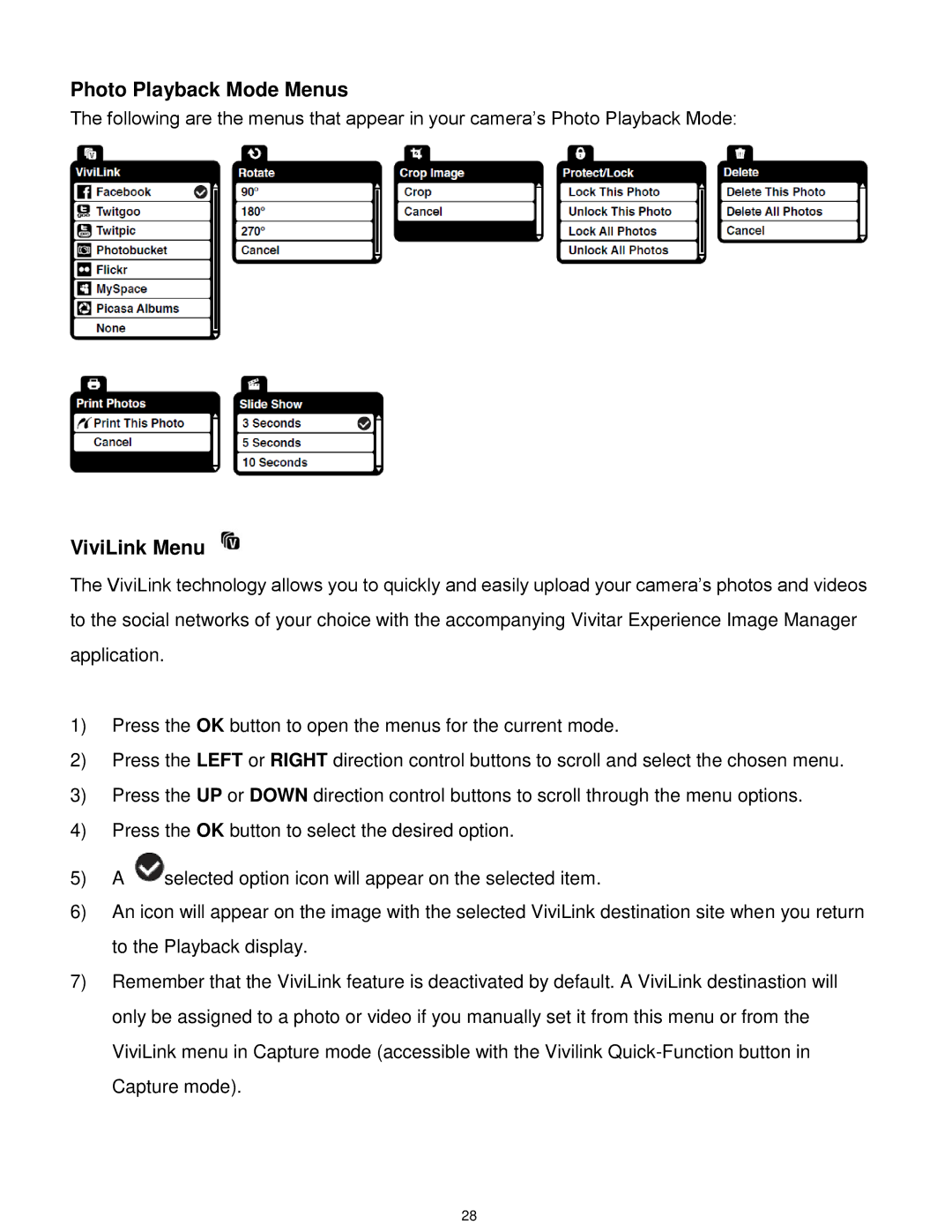 Vivitar DVR 925HD user manual Photo Playback Mode Menus, ViviLink Menu 