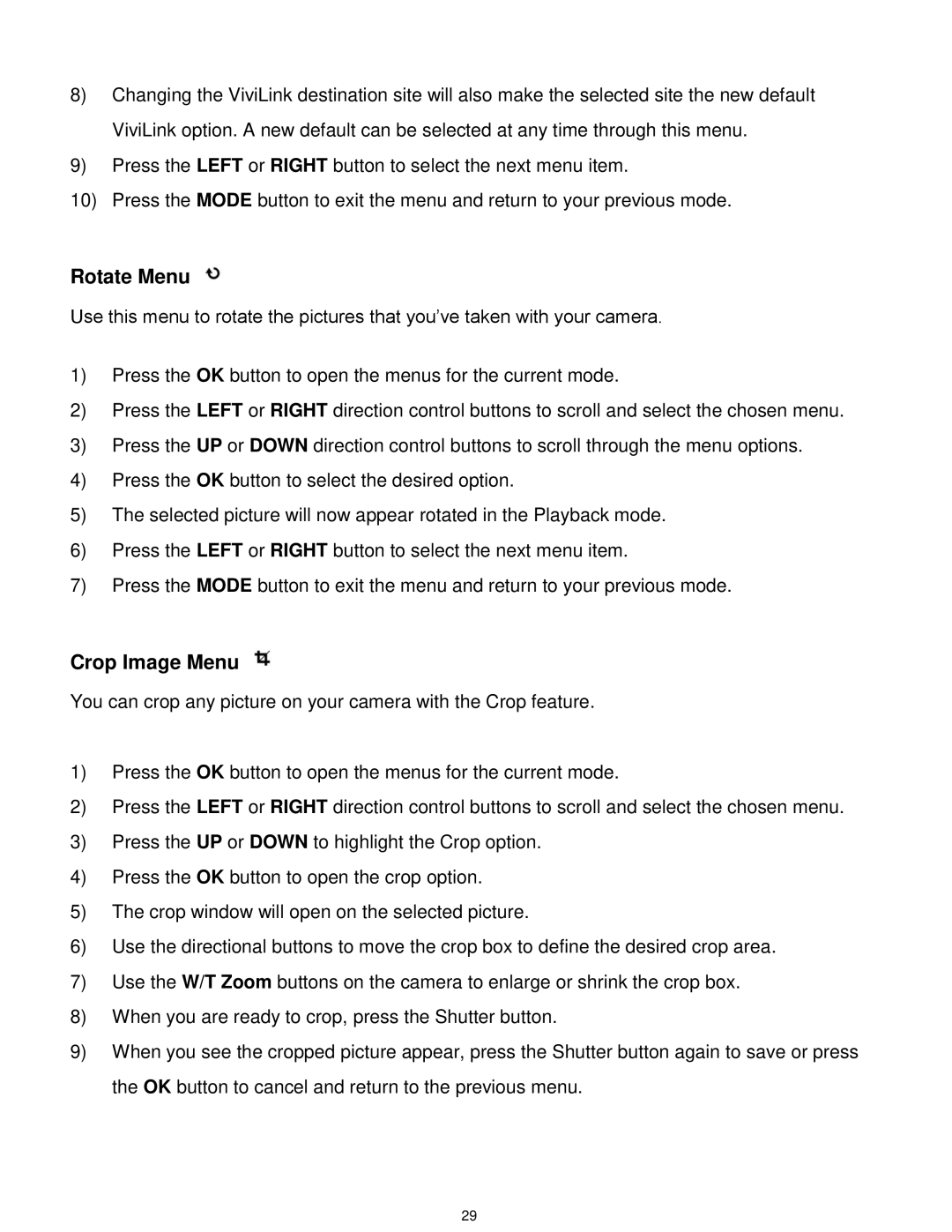 Vivitar DVR 925HD user manual Rotate Menu, Crop Image Menu 