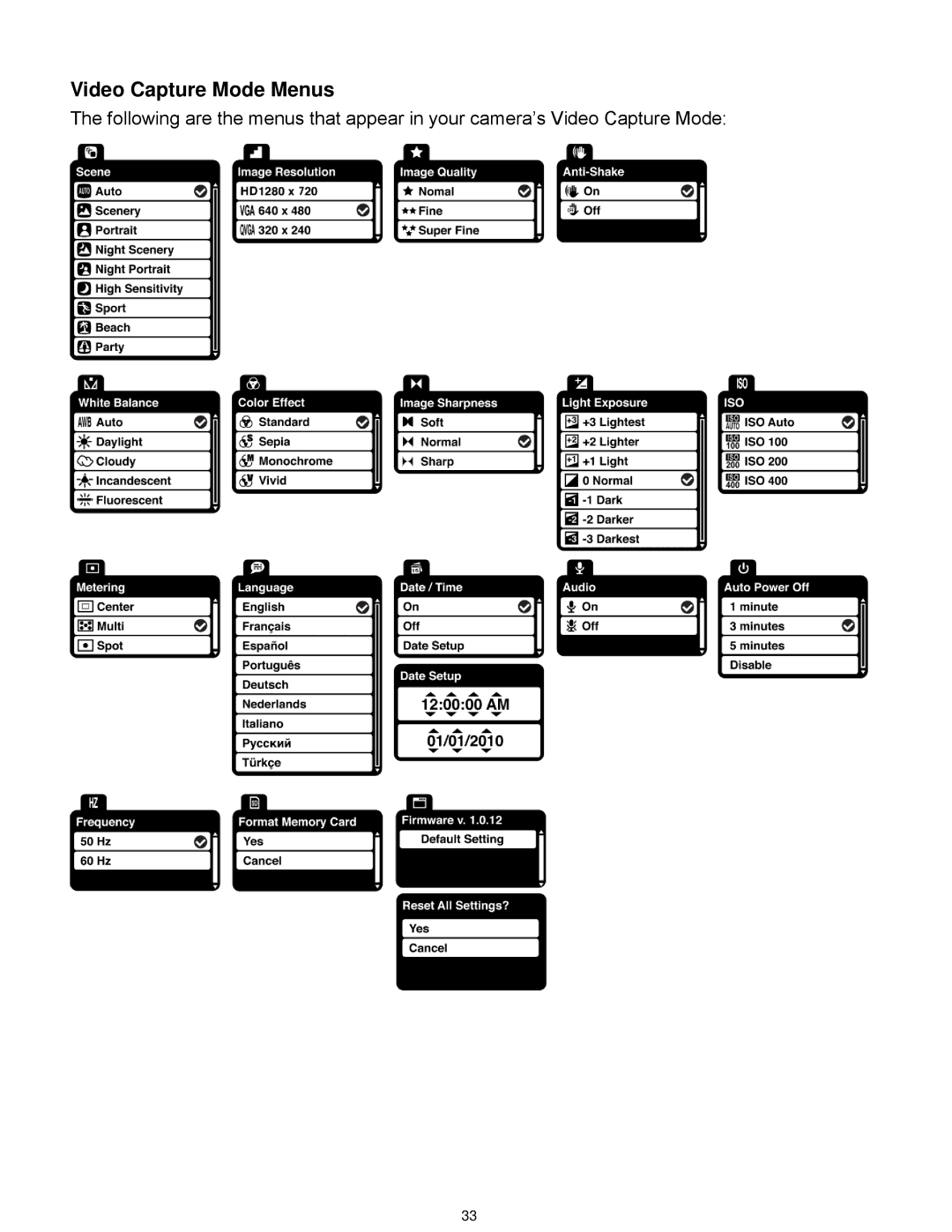 Vivitar DVR 925HD user manual Video Capture Mode Menus 