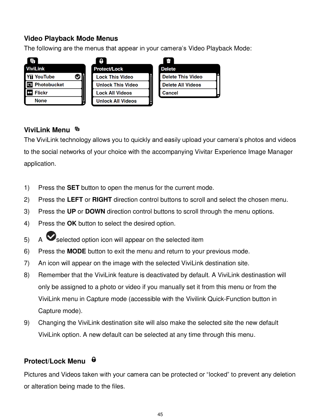 Vivitar DVR 925HD user manual Video Playback Mode Menus, ViviLink Menu 