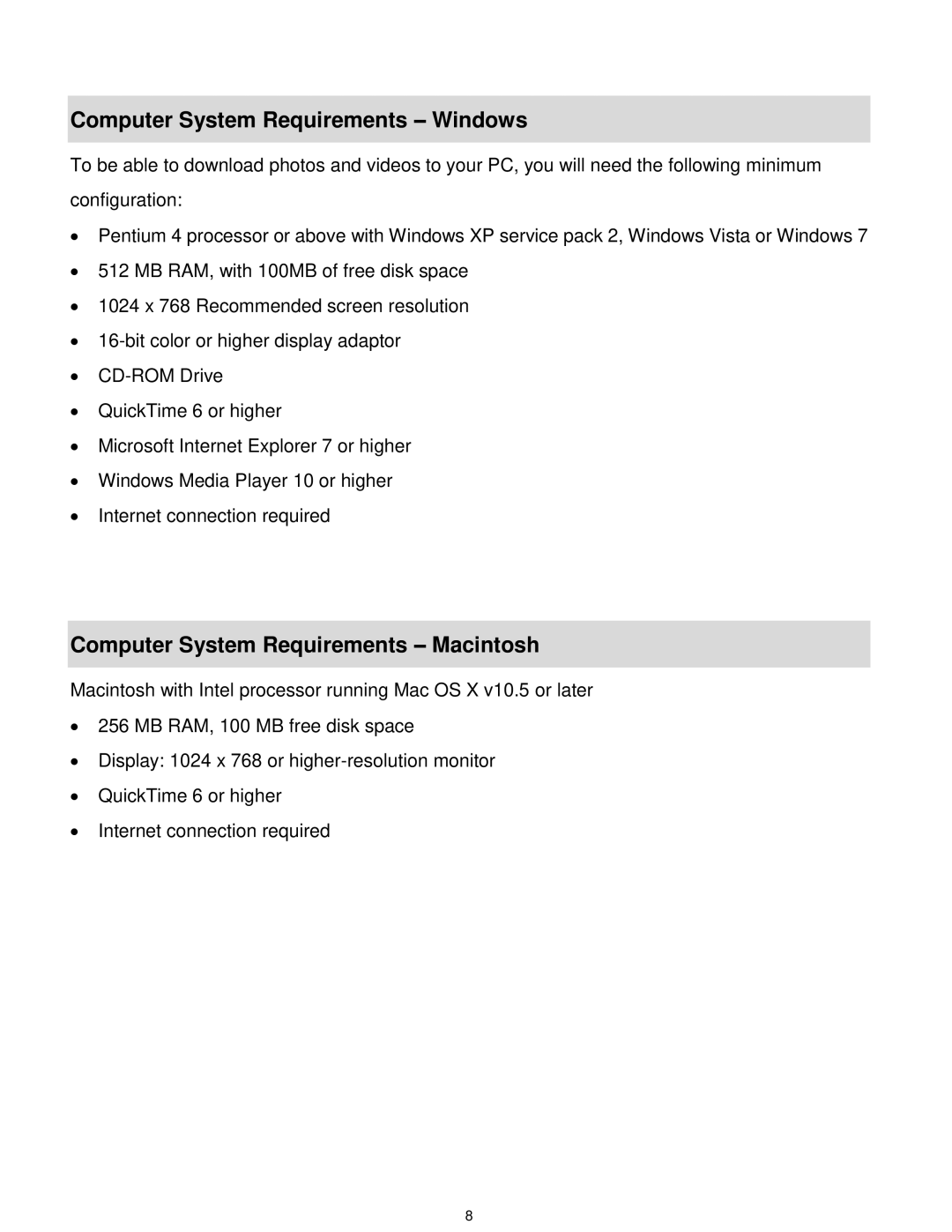 Vivitar DVR 925HD user manual Computer System Requirements Windows, Computer System Requirements Macintosh 