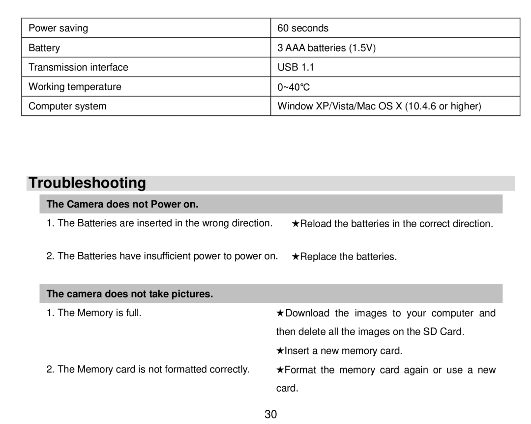 Vivitar DVR410-GRAPE, DVR-410 user manual Troubleshooting, Camera does not Power on, Camera does not take pictures 