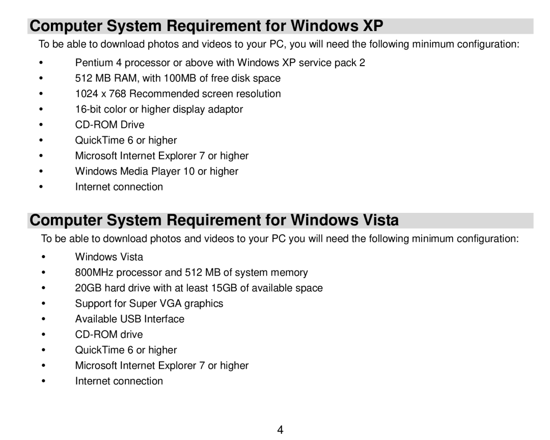 Vivitar DVR-410, DVR410-GRAPE Computer System Requirement for Windows XP, Computer System Requirement for Windows Vista 