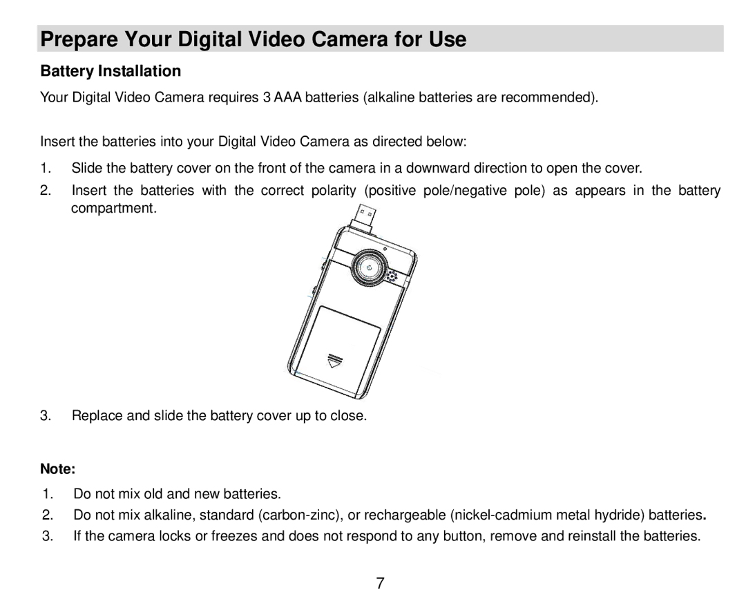 Vivitar DVR-410, DVR410-GRAPE user manual Prepare Your Digital Video Camera for Use, Battery Installation 