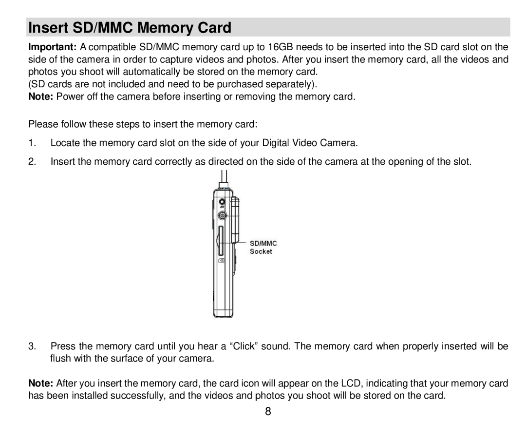 Vivitar DVR410-GRAPE, DVR-410 user manual Insert SD/MMC Memory Card 