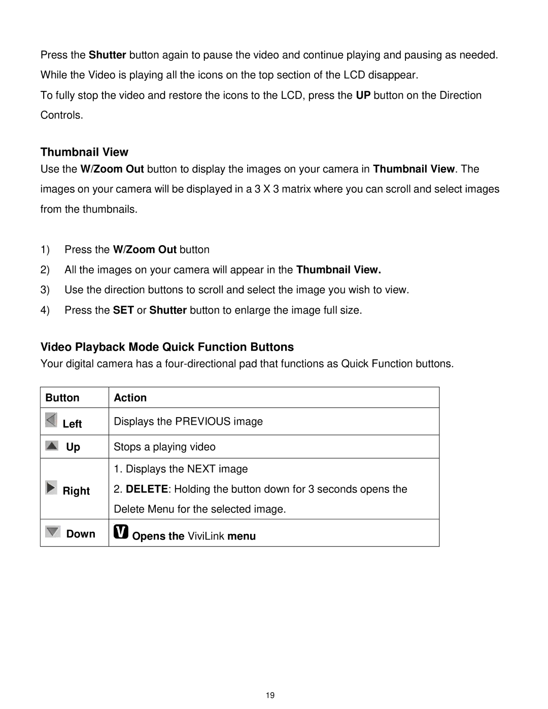 Vivitar DVR650 user manual Thumbnail View, Video Playback Mode Quick Function Buttons 