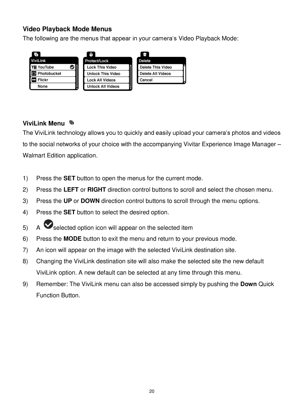 Vivitar DVR650 user manual Video Playback Mode Menus, ViviLink Menu 