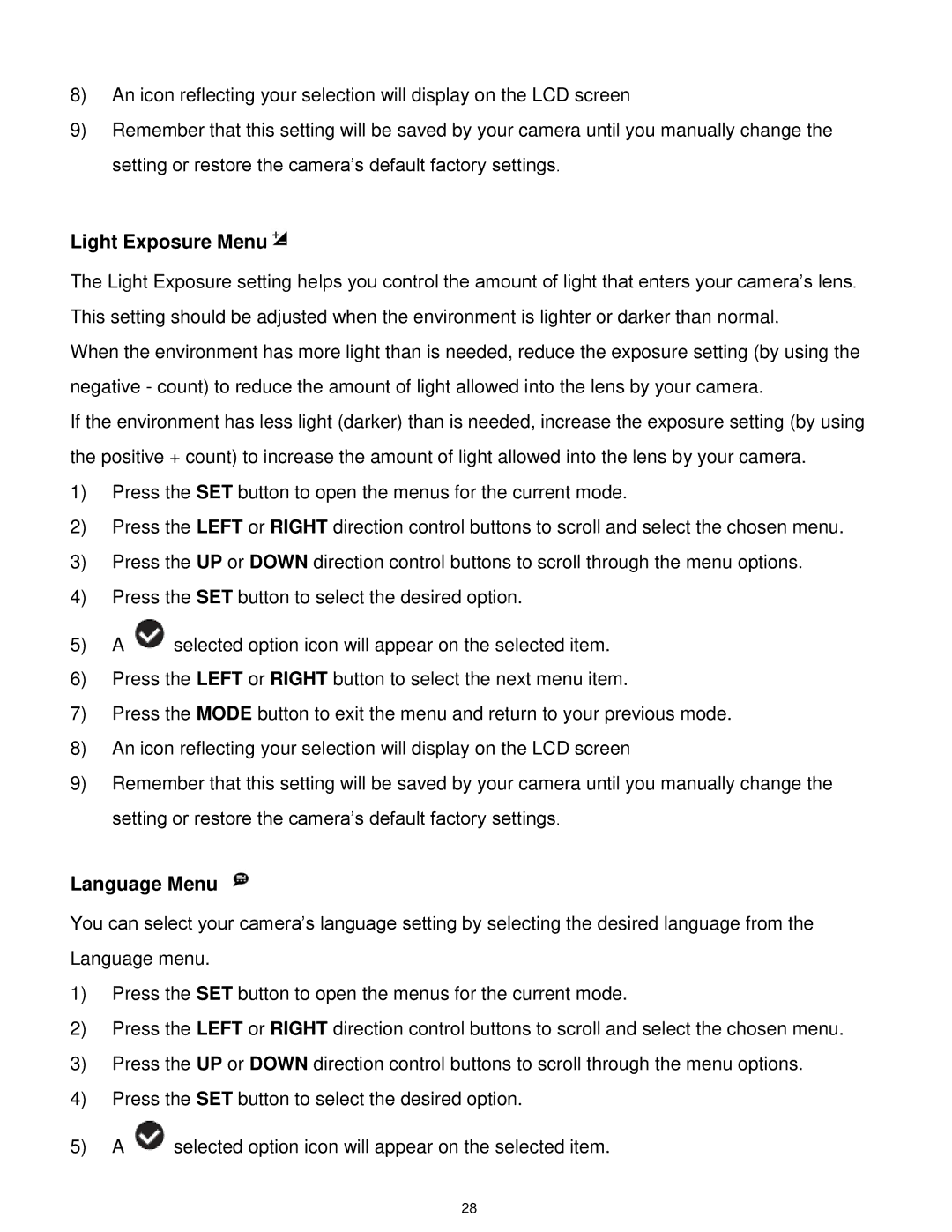 Vivitar DVR650 user manual Light Exposure Menu 