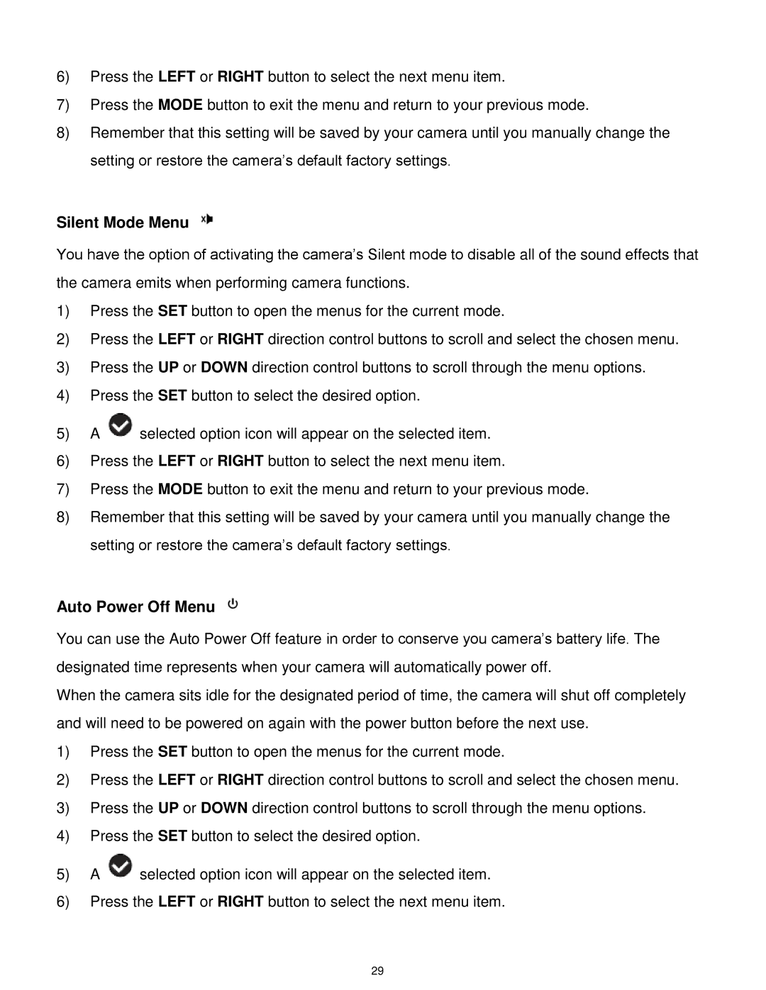 Vivitar DVR650 user manual Silent Mode Menu, Auto Power Off Menu 