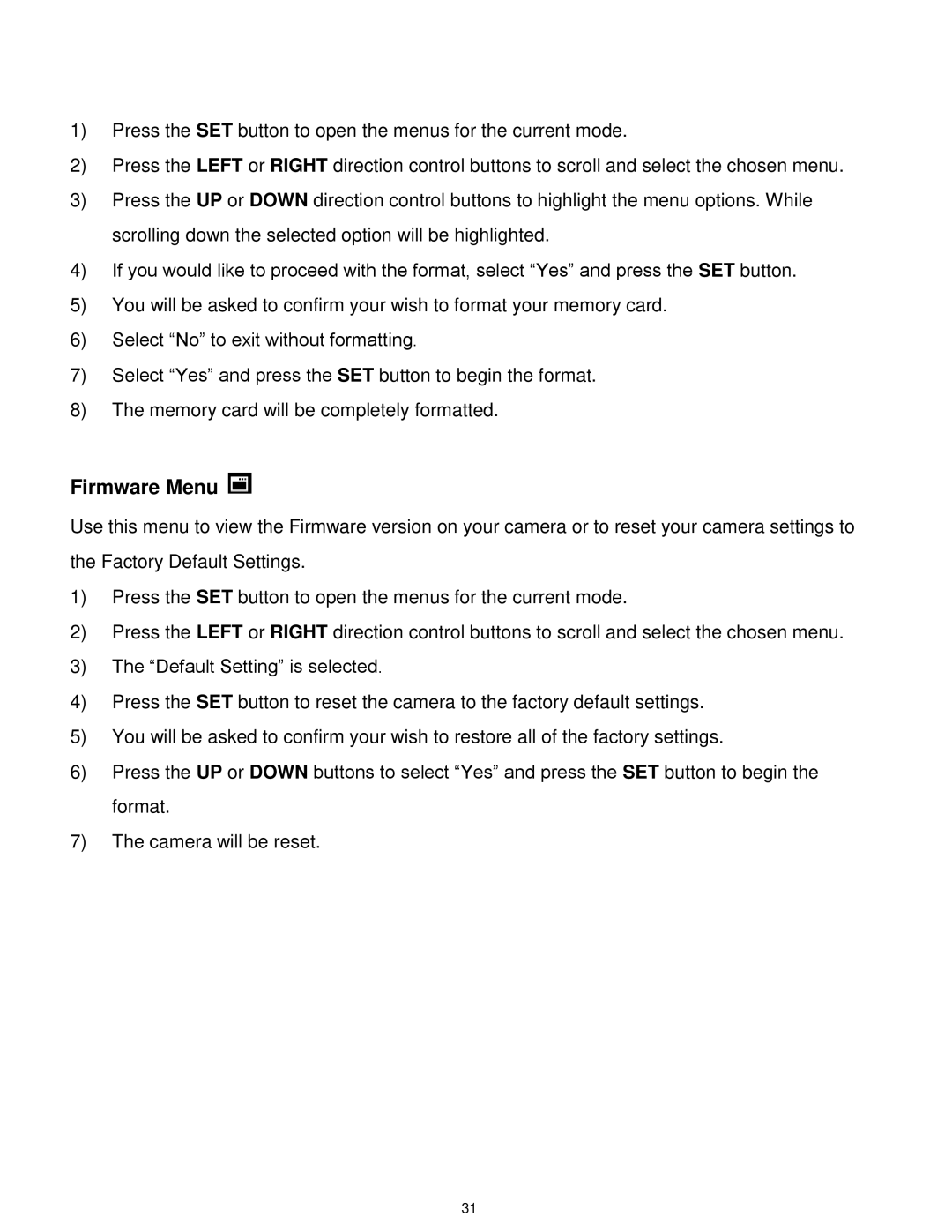 Vivitar DVR650 user manual Firmware Menu 