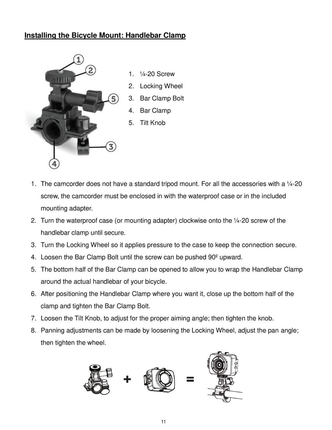 Vivitar DVR785-BLU, DVR 785HD, DVR785HDBLU user manual Installing the Bicycle Mount Handlebar Clamp 