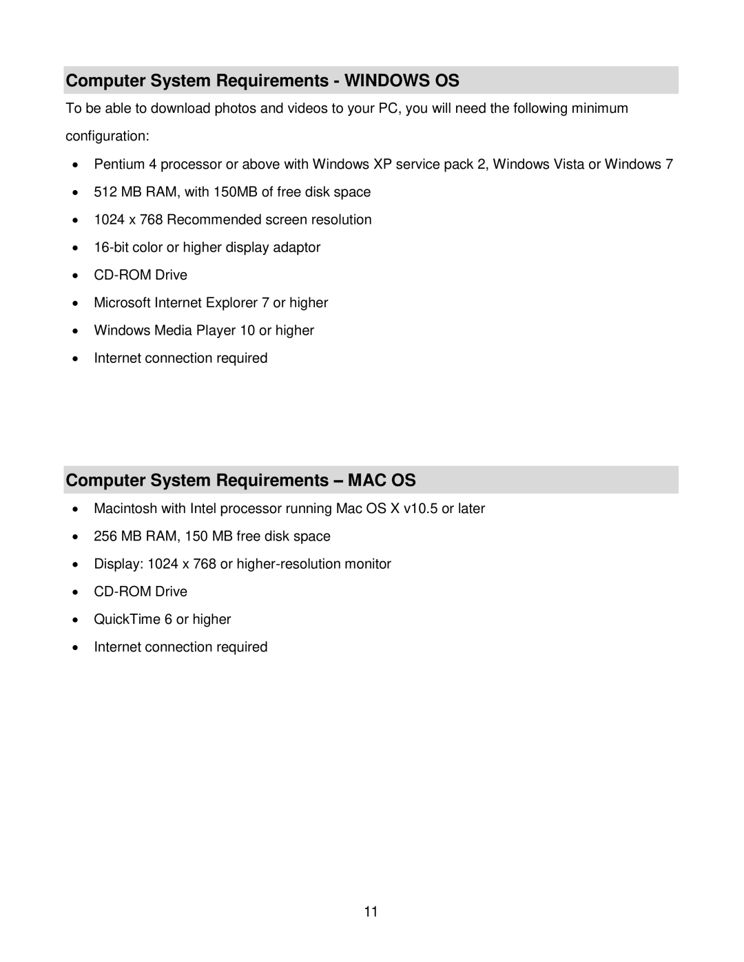 Vivitar DVR 940HD, DVR940HXD-BLK user manual Computer System Requirements Windows OS, Computer System Requirements MAC OS 