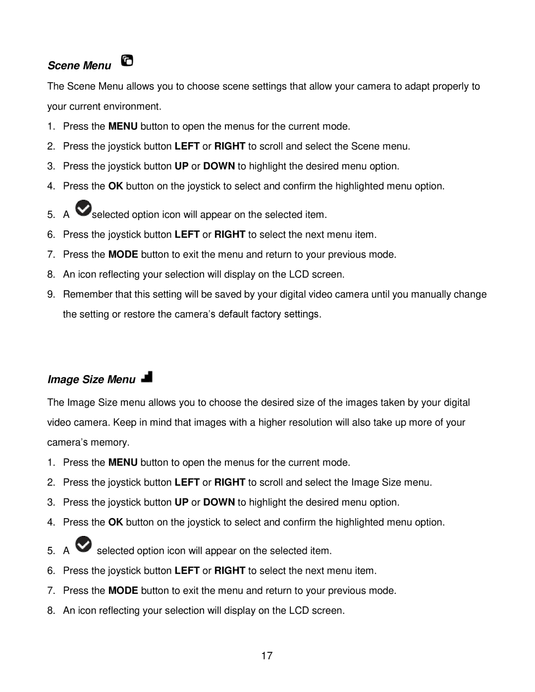 Vivitar DVR 940HD, DVR940HXD-BLK user manual Scene Menu, Image Size Menu 