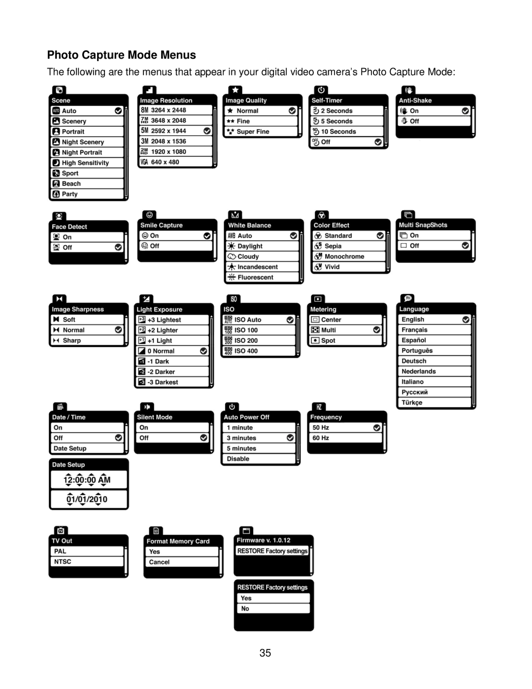 Vivitar DVR 940HD, DVR940HXD-BLK user manual Photo Capture Mode Menus 