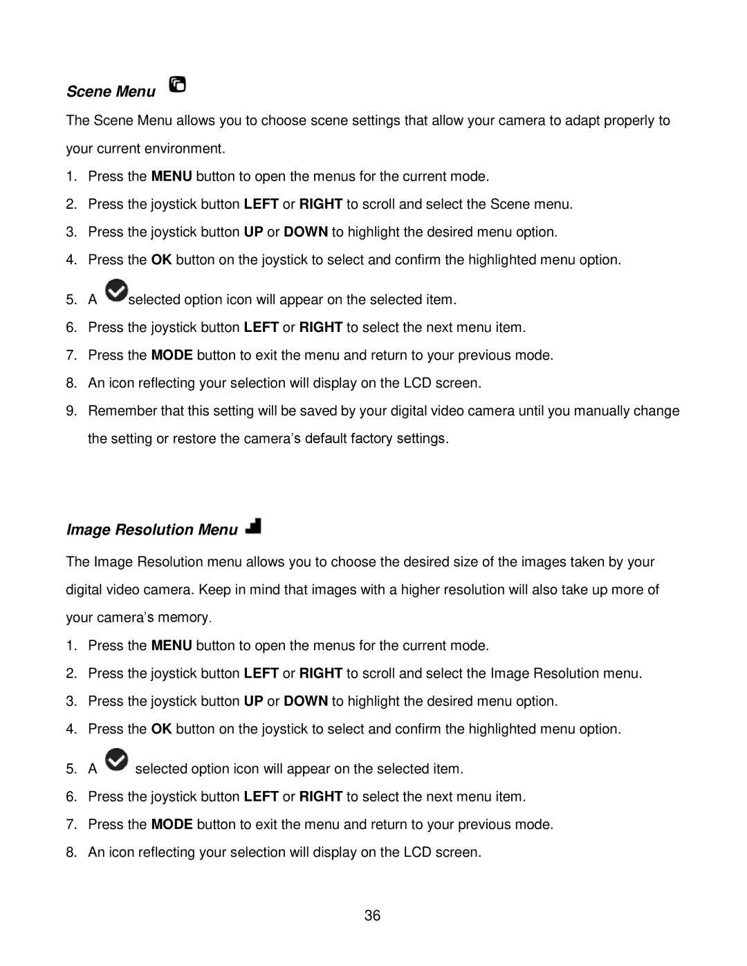 Vivitar DVR940HXD-BLK, DVR 940HD user manual Scene Menu, Image Resolution Menu 