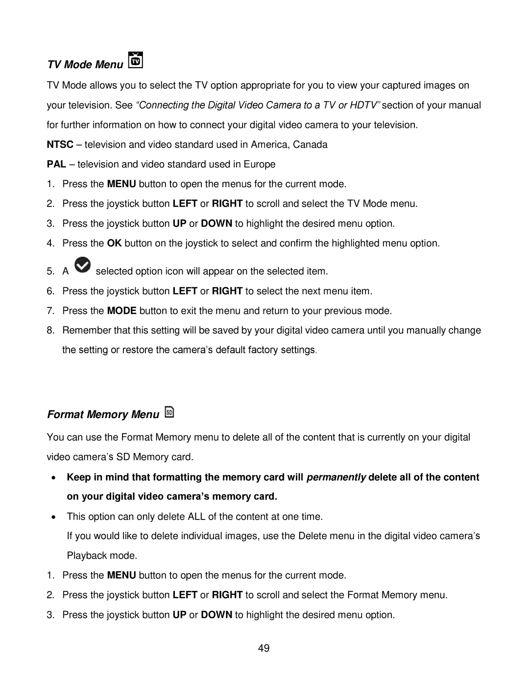 Vivitar DVR 940HD, DVR940HXD-BLK user manual TV Mode Menu 