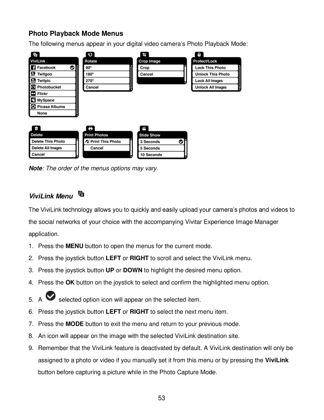 Vivitar DVR 940HD, DVR940HXD-BLK user manual Photo Playback Mode Menus, ViviLink Menu 