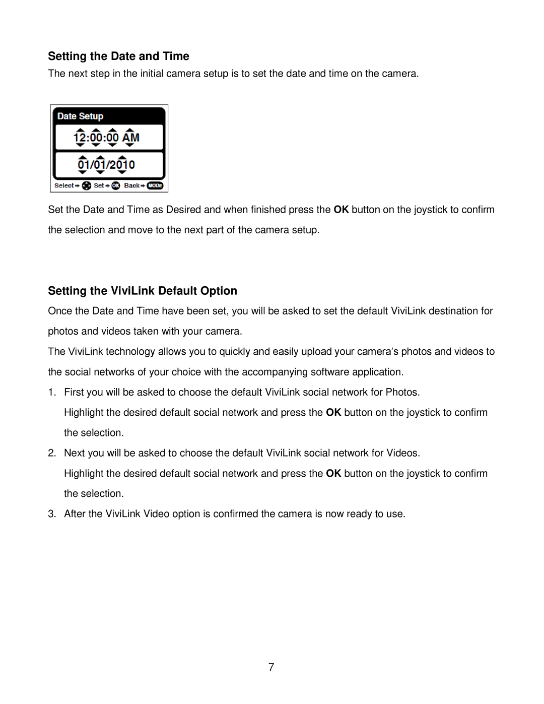 Vivitar DVR 940HD, DVR940HXD-BLK user manual Setting the Date and Time, Setting the ViviLink Default Option 