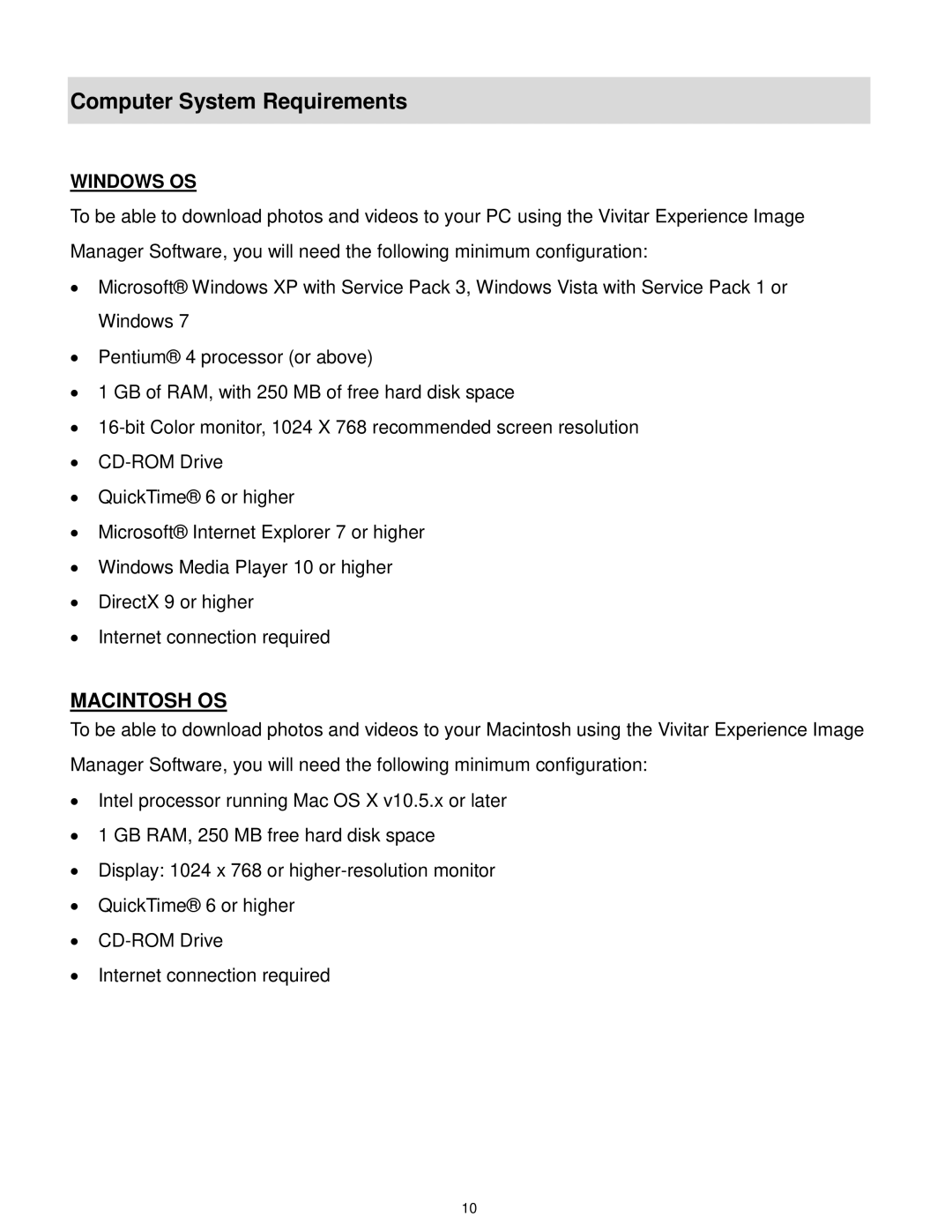 Vivitar F127 user manual Computer System Requirements, Windows OS 