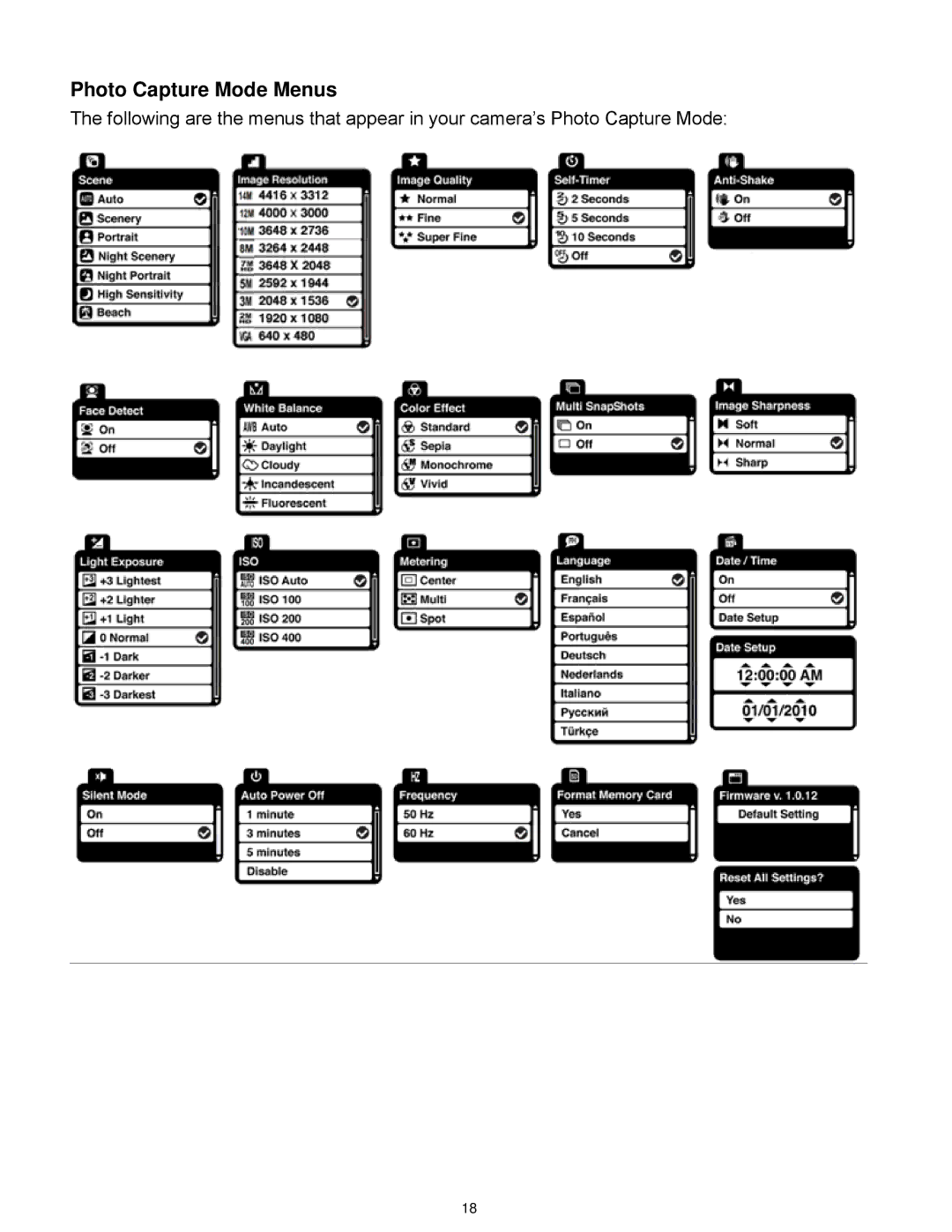 Vivitar F127 user manual Photo Capture Mode Menus 