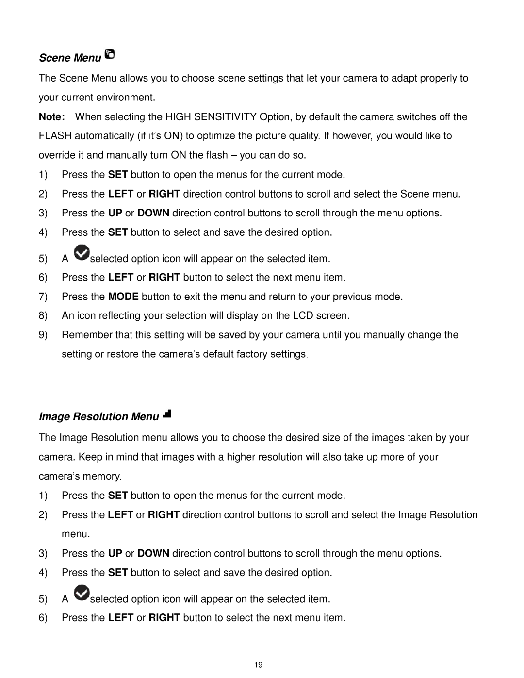 Vivitar F127 user manual Scene Menu, Image Resolution Menu 