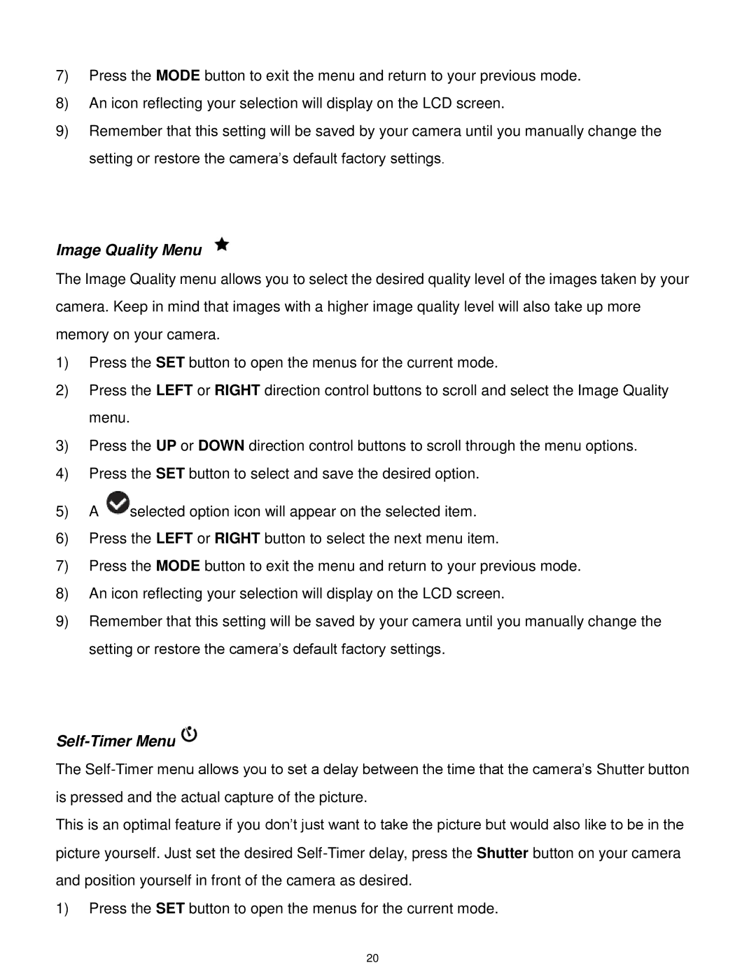 Vivitar F127 user manual Image Quality Menu, Self-Timer Menu 