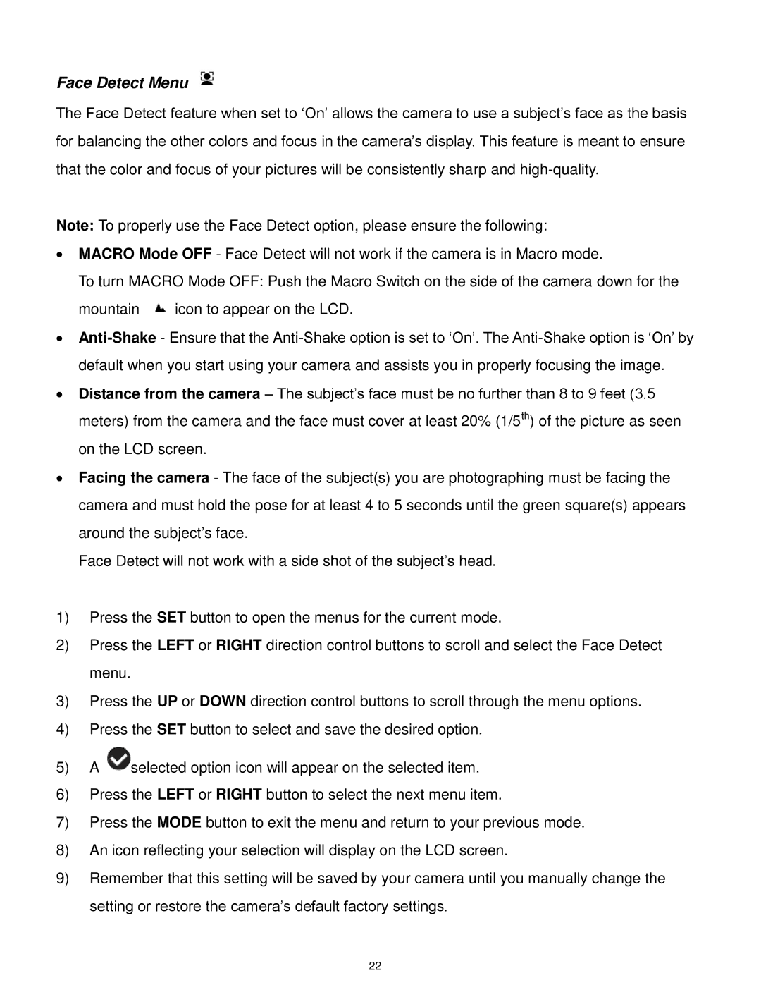 Vivitar F127 user manual Face Detect Menu 