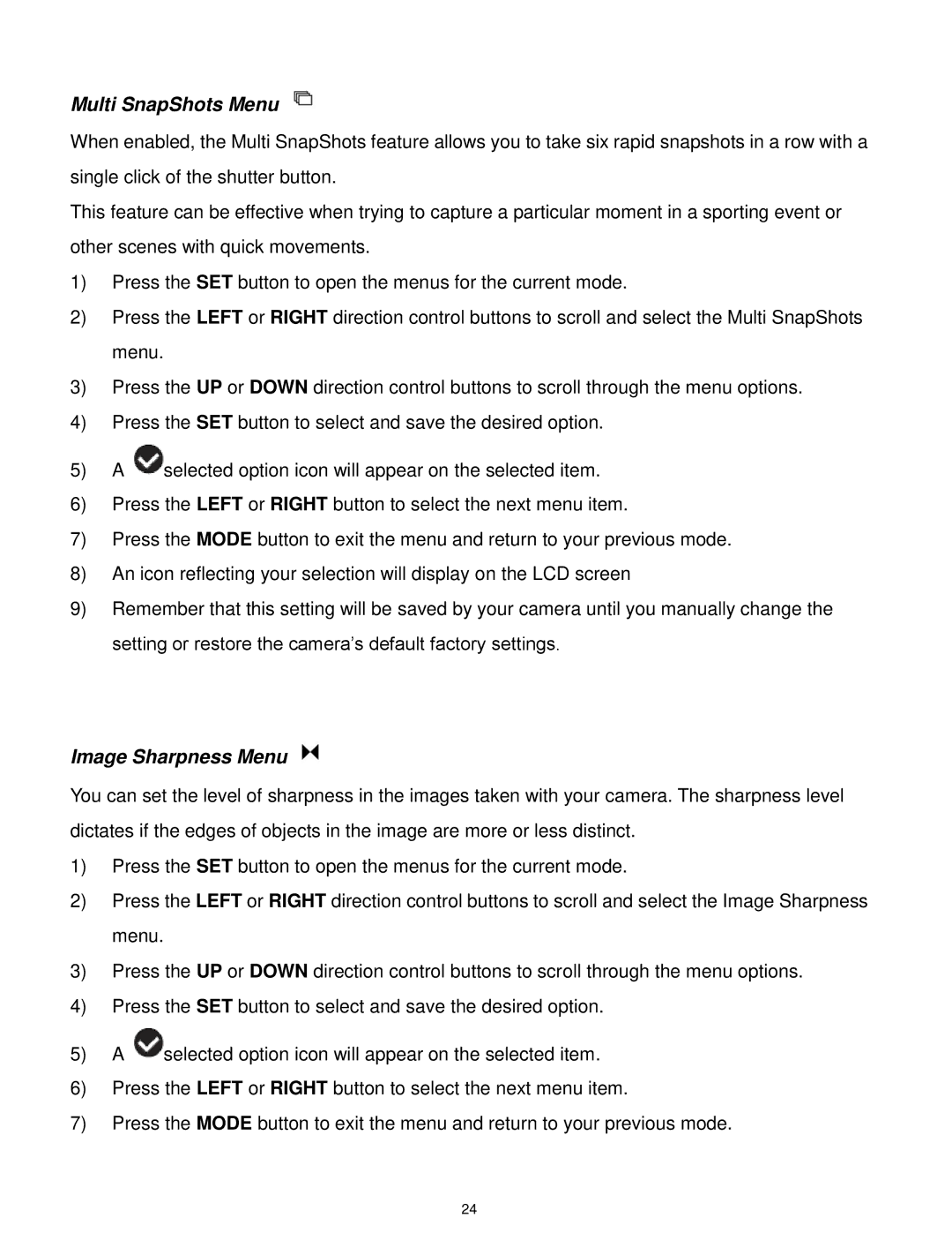 Vivitar F127 user manual Multi SnapShots Menu, Image Sharpness Menu 