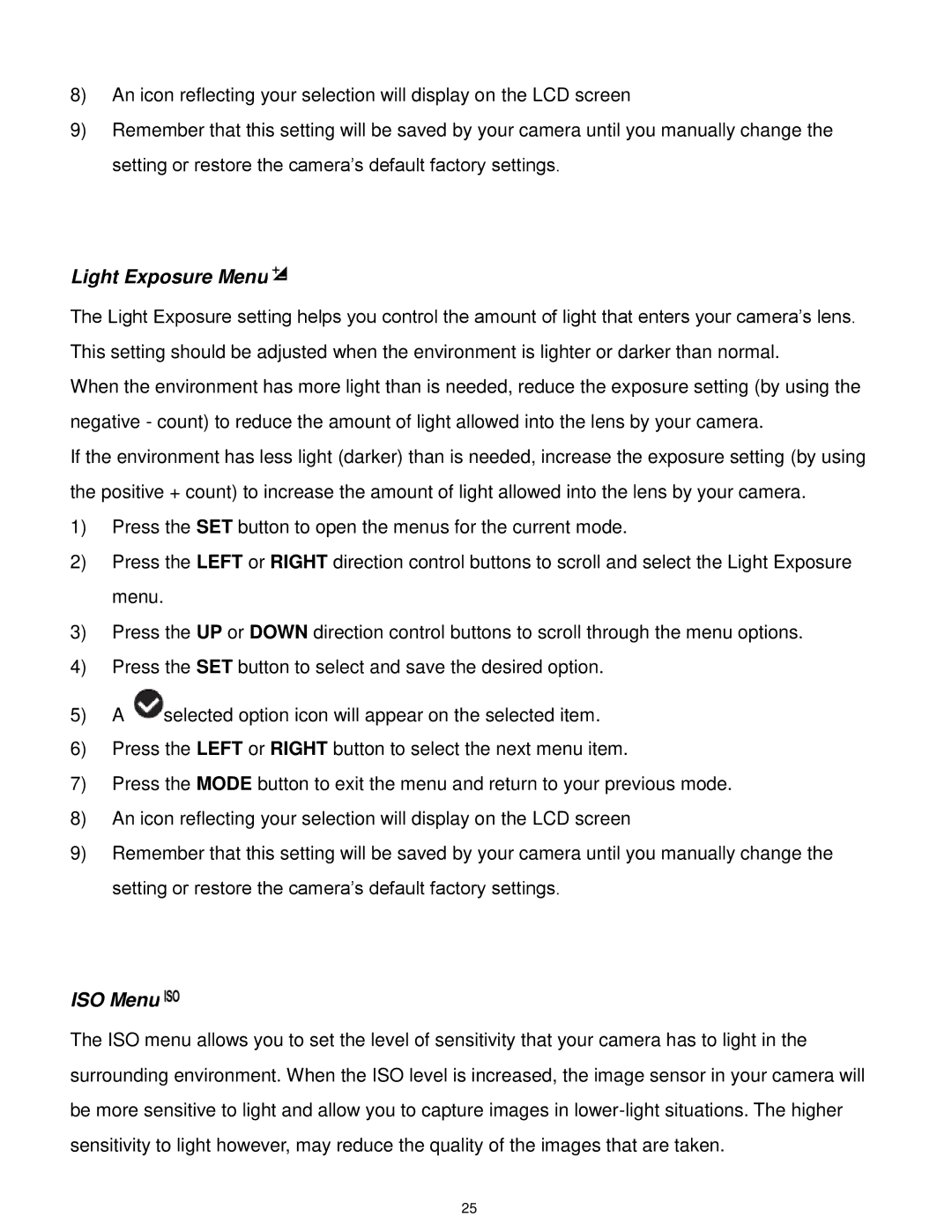 Vivitar F127 user manual Light Exposure Menu, ISO Menu 