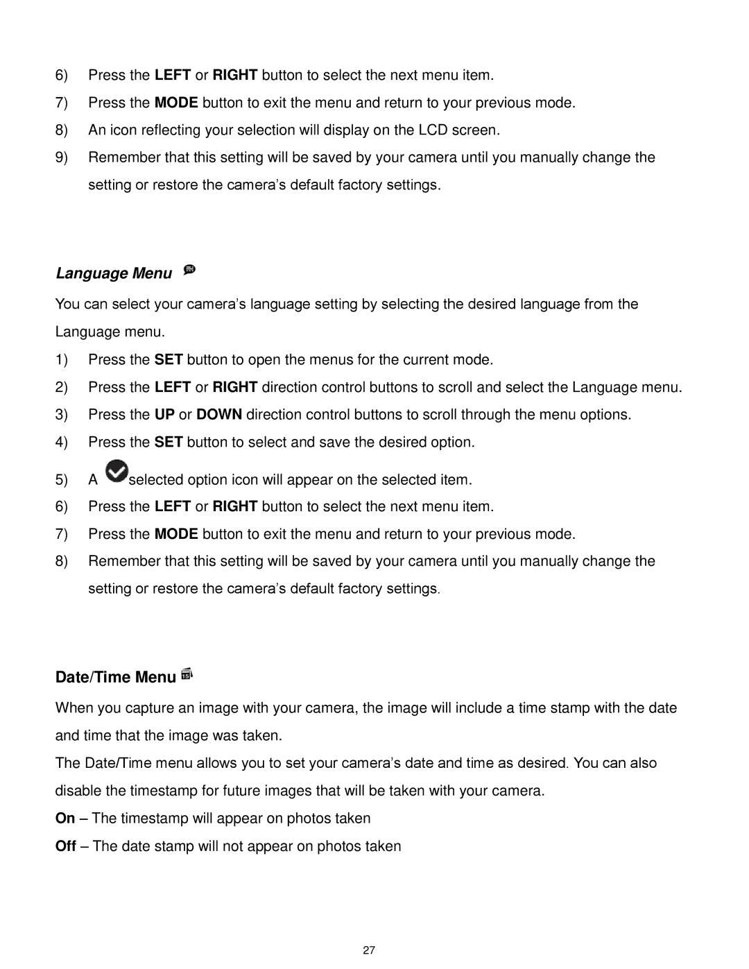 Vivitar F127 user manual Language Menu, Date/Time Menu 