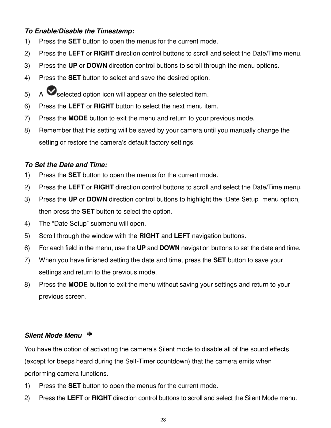 Vivitar F127 user manual To Enable/Disable the Timestamp, To Set the Date and Time, Silent Mode Menu 