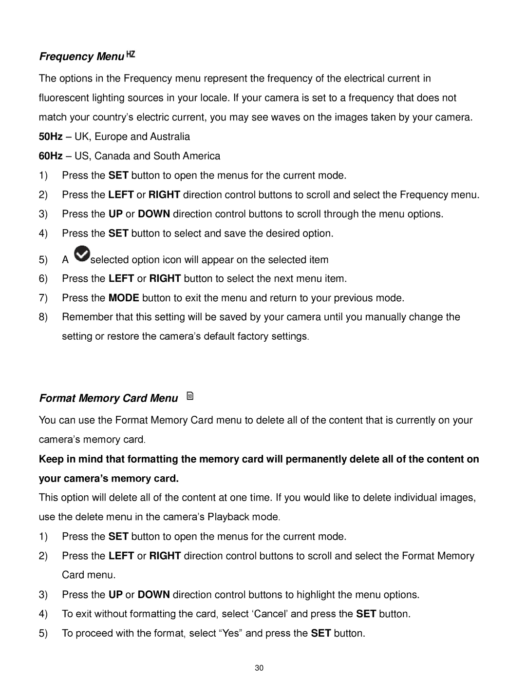 Vivitar F127 user manual Frequency Menu, Format Memory Card Menu 