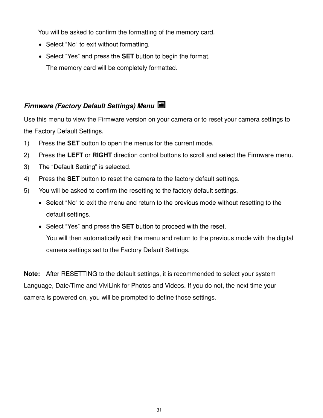 Vivitar F127 user manual Firmware Factory Default Settings Menu 