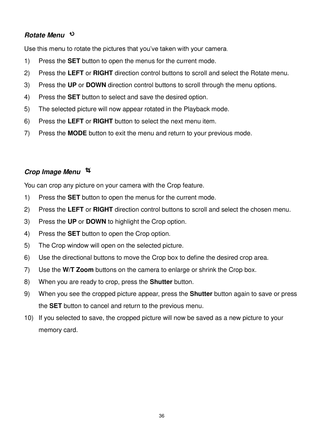 Vivitar F127 user manual Rotate Menu, Crop Image Menu 