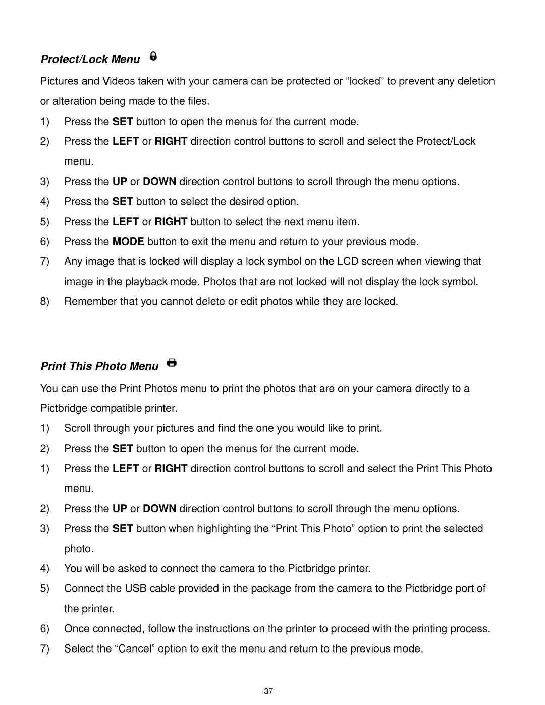 Vivitar F127 user manual Protect/Lock Menu, Print This Photo Menu 