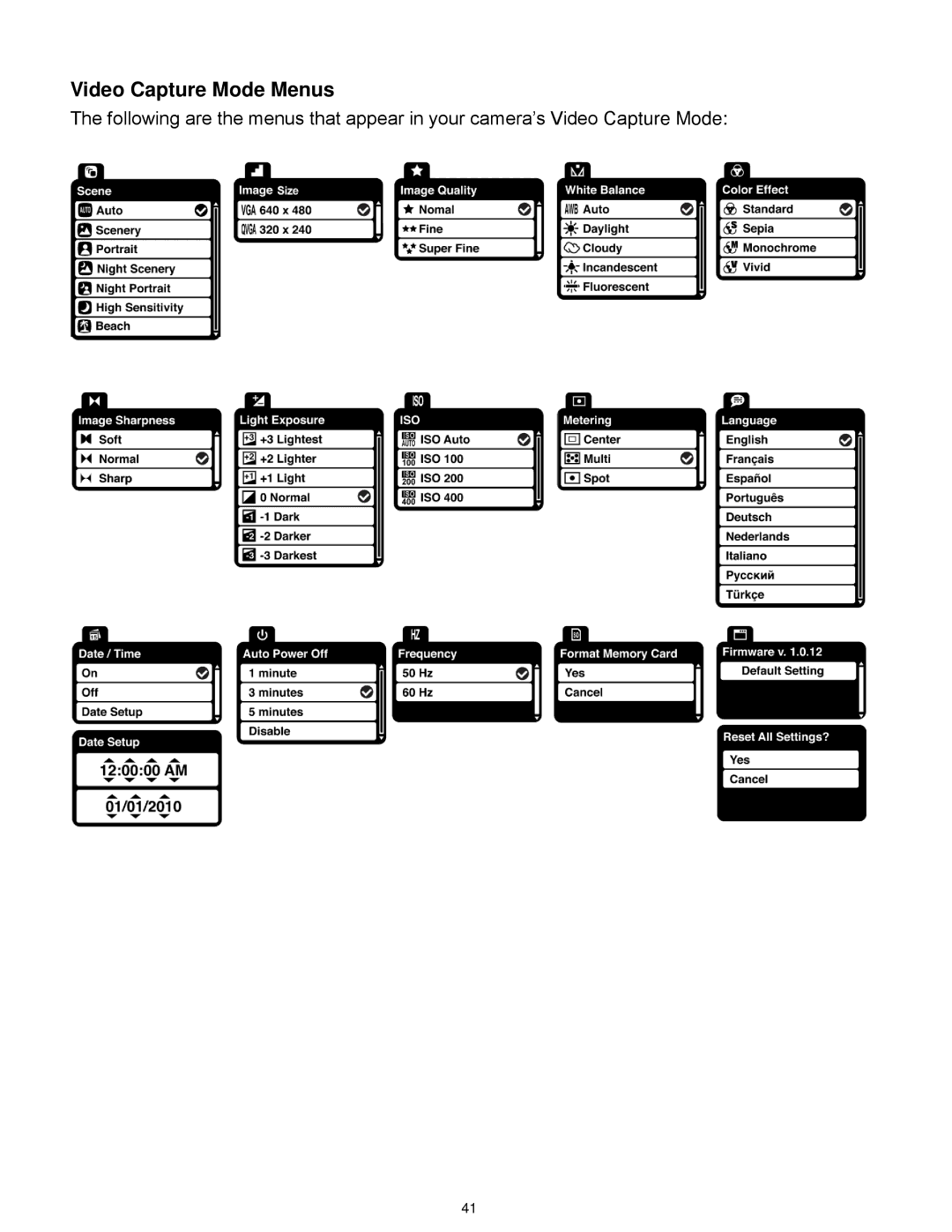 Vivitar F127 user manual Video Capture Mode Menus 