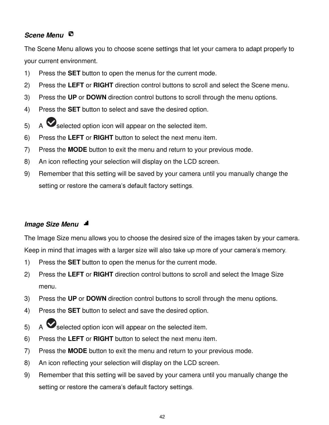 Vivitar F127 user manual Scene Menu, Image Size Menu 