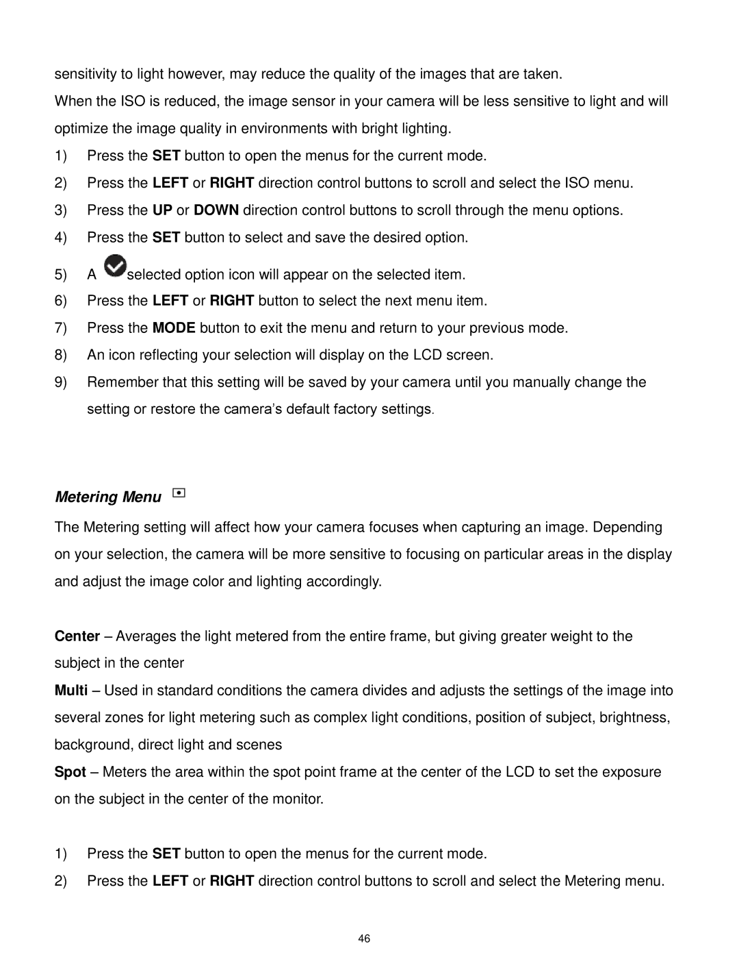 Vivitar F127 user manual Metering Menu 